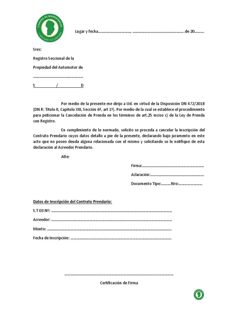 Documento oficial de cancelación de prenda vehicular emitido por banco para liberar vehículo en RUNT