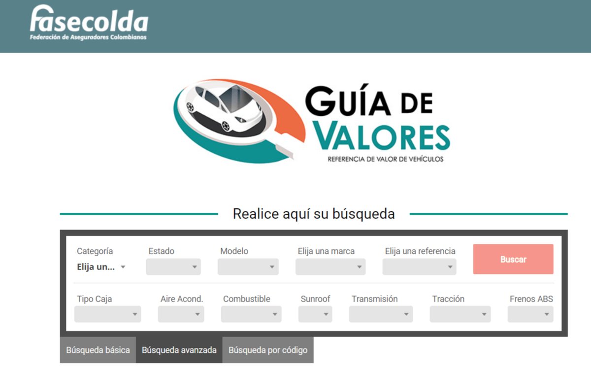 Consulta de la guía de valores Fasecolda en pantalla para un vehículo por marca, línea y año