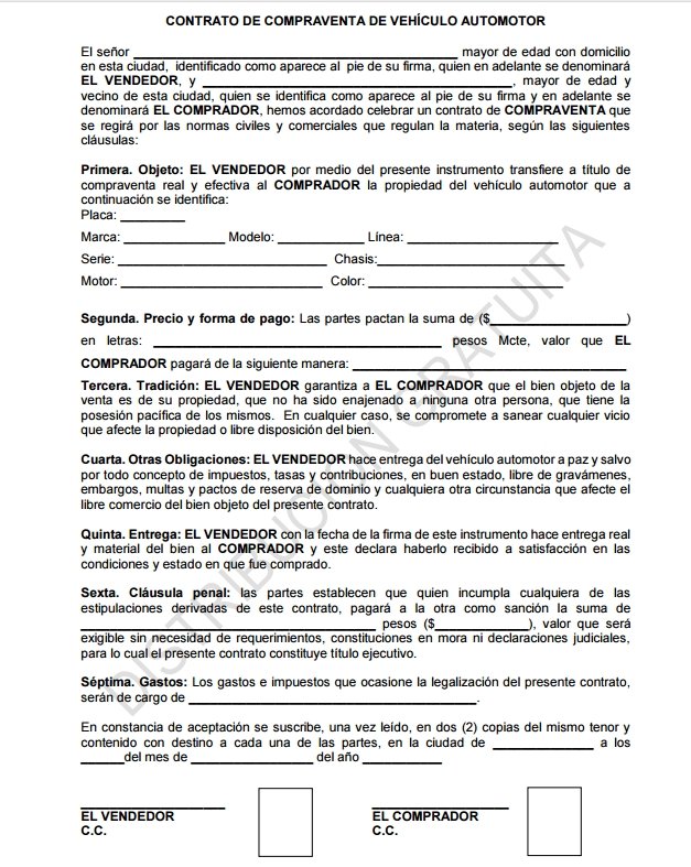 Contrato de compraventa vehículo en Colombia con todos los campos completos antes de firma