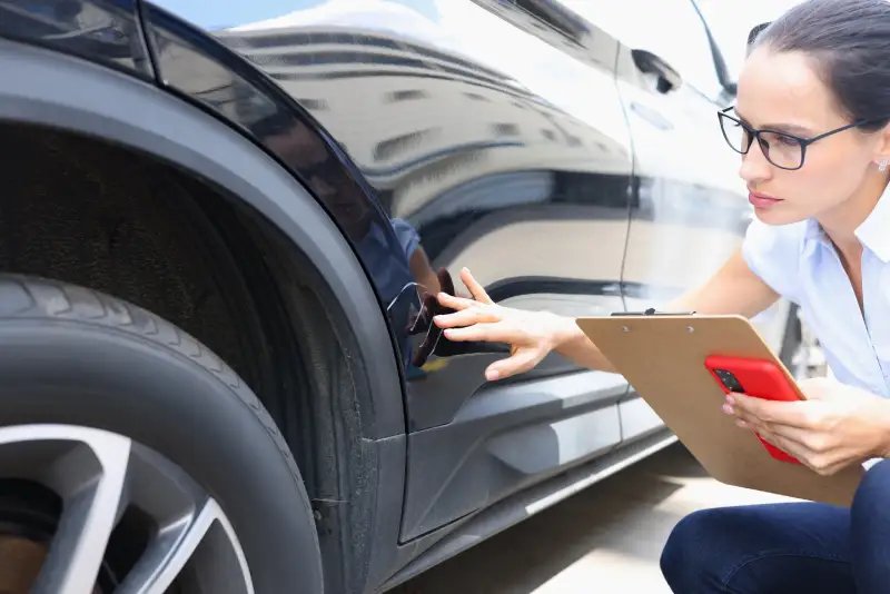 Comprador revisando documentos para una reclamación por problemas ocultos en un carro usado