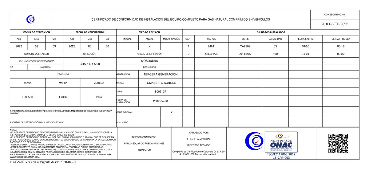 Documento de certificación y vigencia del cilindro de GNV de un carro usado revisado en el peritaje