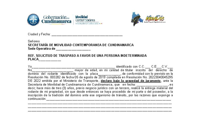 Solicitud de traspaso a persona indeterminada radicada ante el organismo de tránsito