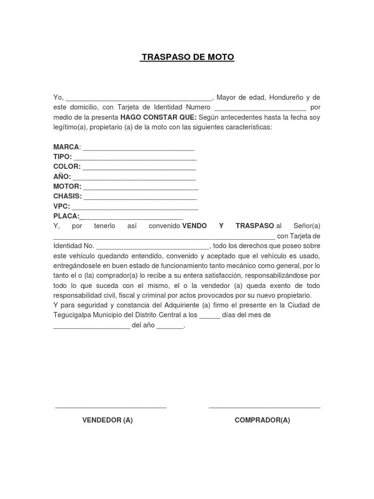 Documentos necesarios para el traspaso de una moto en Colombia: tarjeta de propiedad, cédulas, SOAT y contrato de compraventa