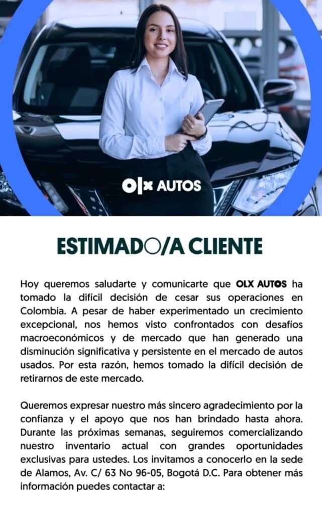 Comunicado OLX Autos no va mas en Colombia