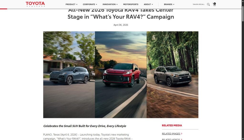 Toyota RAV4 2026 sexta generación, 100% híbrido, en color azul sobre carretera rural