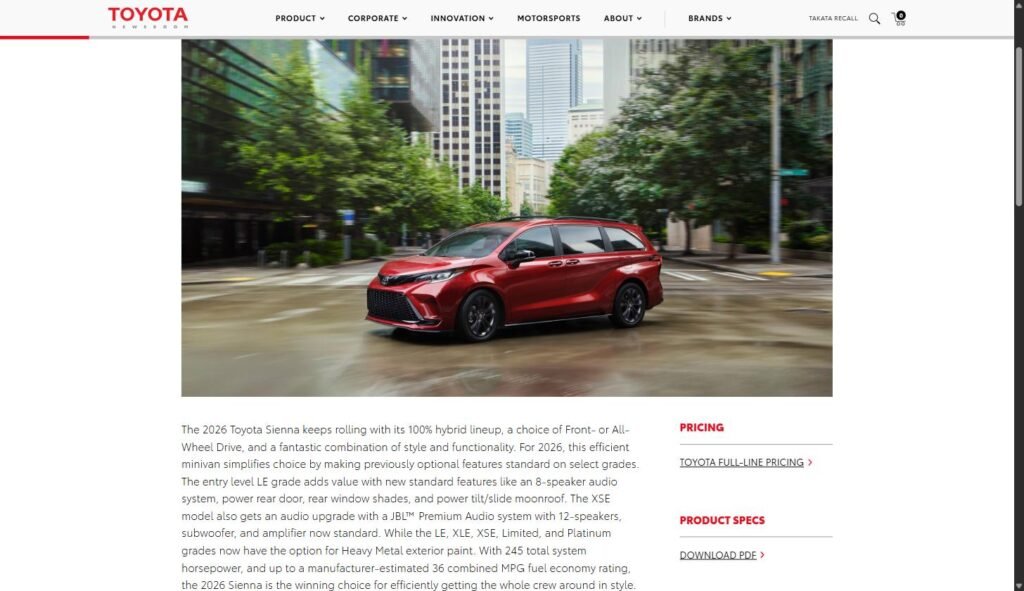 Toyota Sienna 2026 minivan híbrida, color blanco perlado, vista tres cuartos delantera